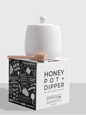 Bushwick Kitche. White Ceramic Honey Pot with Wooden Dipper